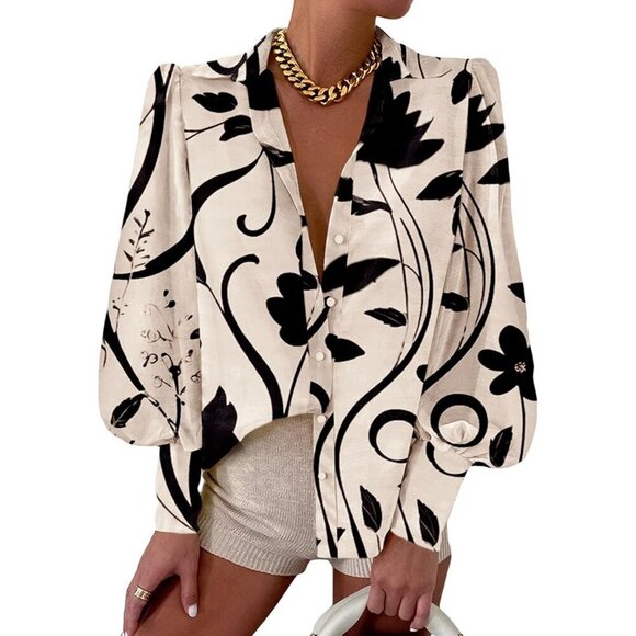 Tops - Women's Long Sleeve Button Down Blouse Polyester Floral Plus Size
